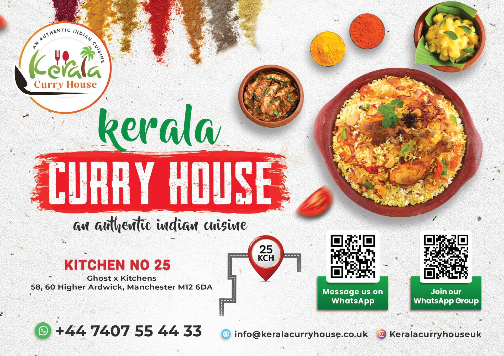Kerala Curry House flyer with location, contact details and WhatsApp QR codes