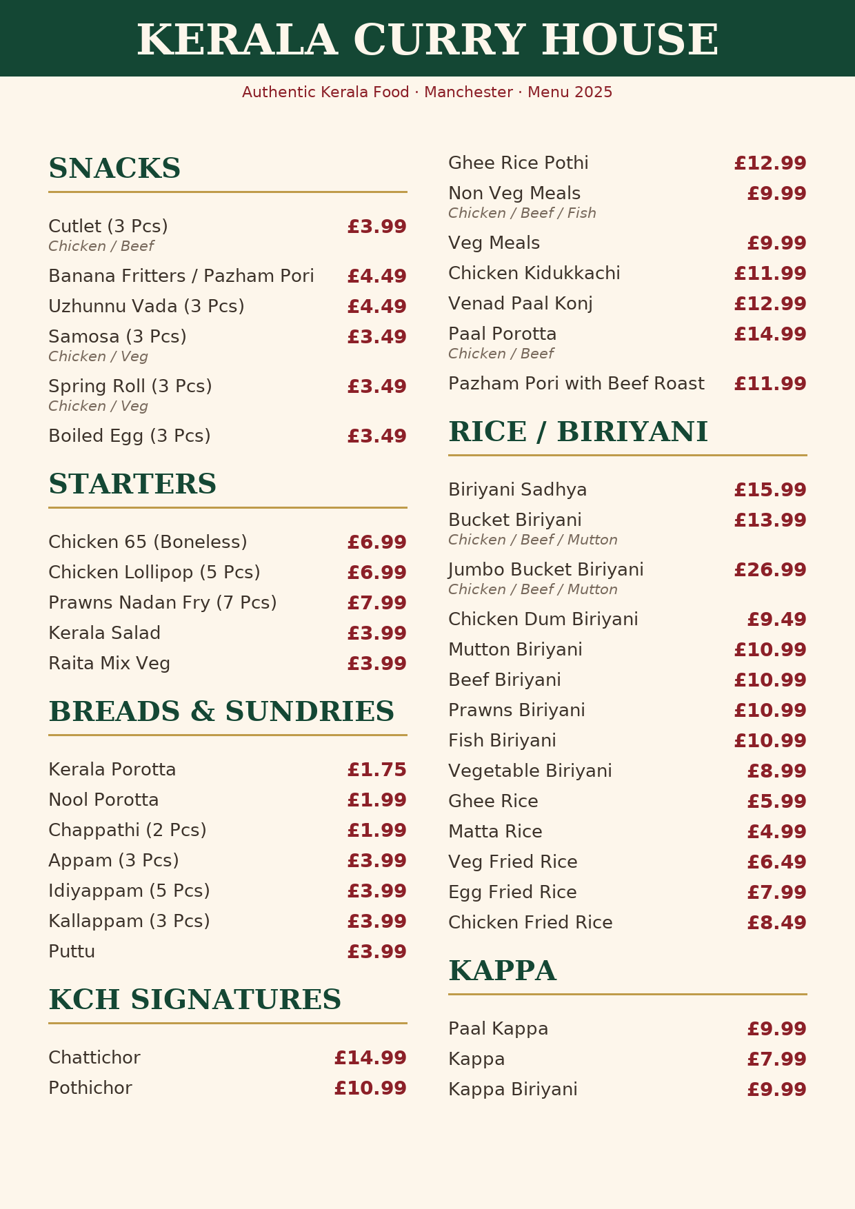 Kerala Curry House menu 2025, page 1 of 3 — authentic Kerala food prices in Manchester