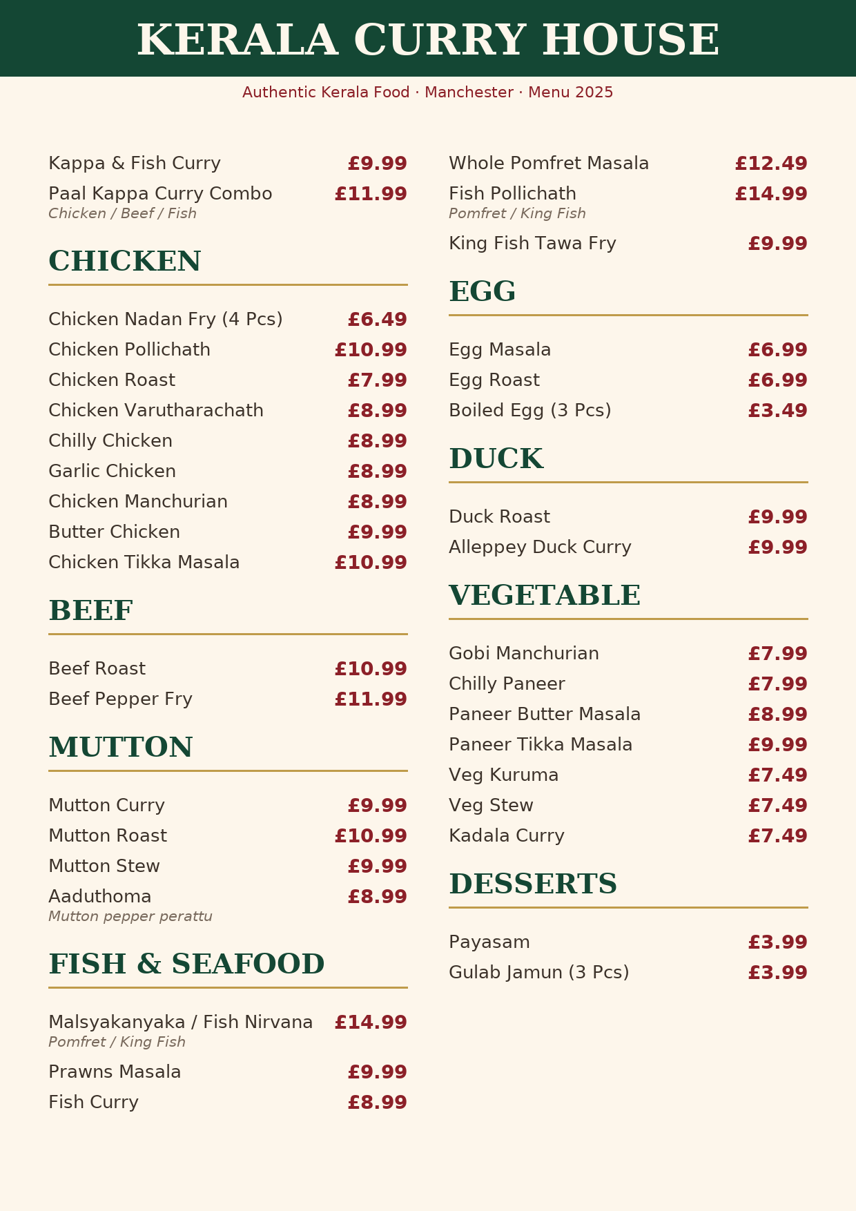 Kerala Curry House menu 2025, page 2 of 3 — authentic Kerala food prices in Manchester